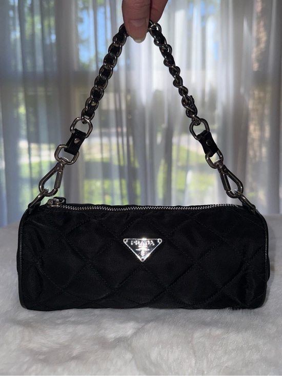 Prada Handbags - Prada Black Quilted Mini Barrel Bag with Silver Chain